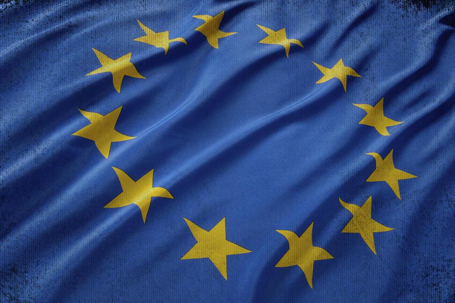Abstract Digital Art - European union flag waving on aged canvas by Eti Reid