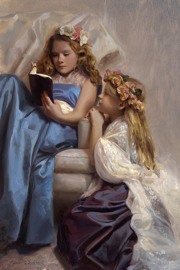 Victorian Era Portrait of two girls reading a book Painting by K Whitworth