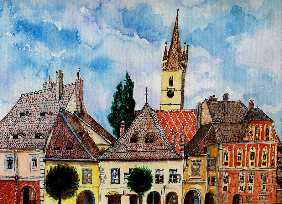Evangelical Church Tower From Sibiu Transylvania Painting