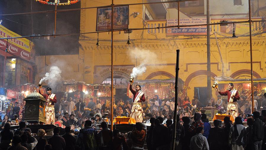 Evening Arti 2 - Varanasi India Photograph by Kim Bemis
