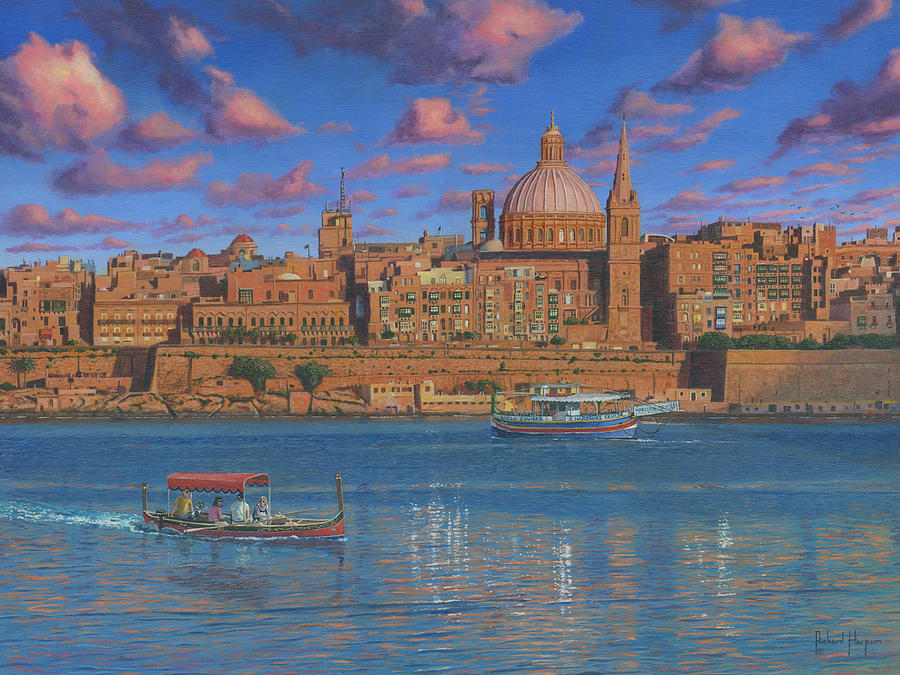 Valletta Painting - Evening in Valletta Harbour Malta by Richard Harpum
