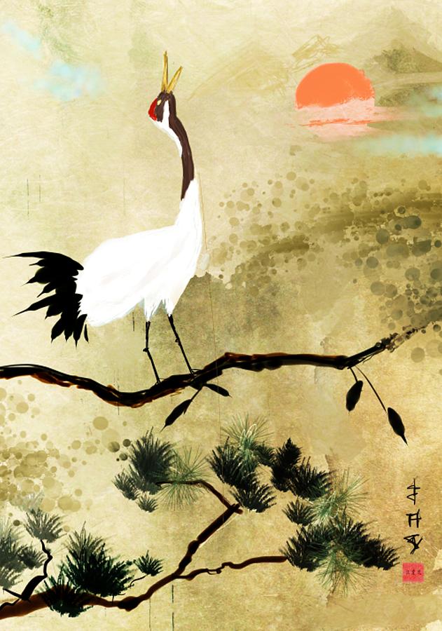 Crane Painting - Evening Japanese Crane by Elaine Weiss