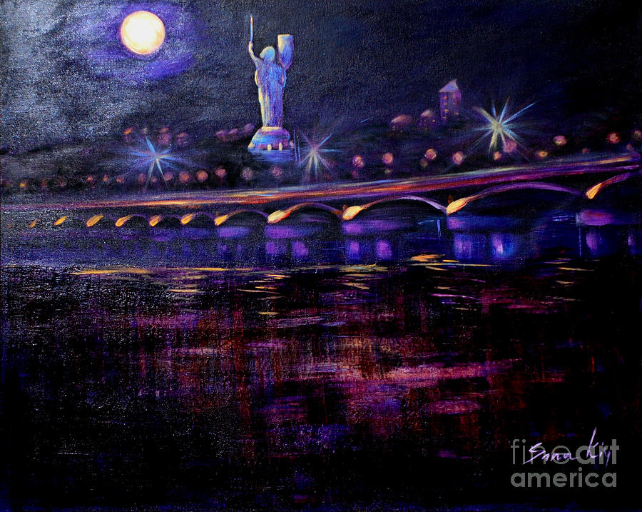 Evening Kiev. Paton Bridge Painting by Oksana Semenchenko