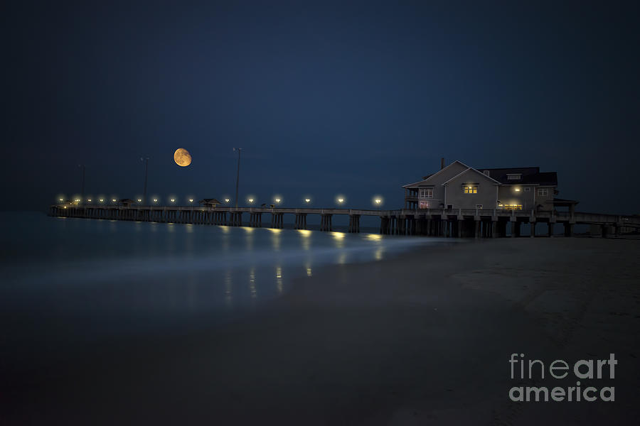 Evening moon over Jennettes Pier Nags Head Photograph by Dan Friend