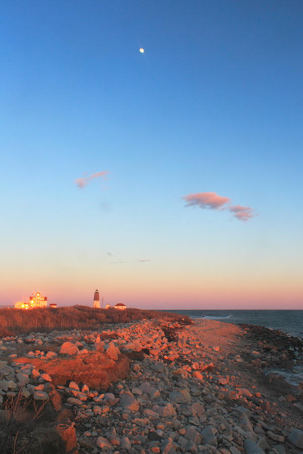 Evening Moon over Point Judith Lighthouse Photograph by John Burk