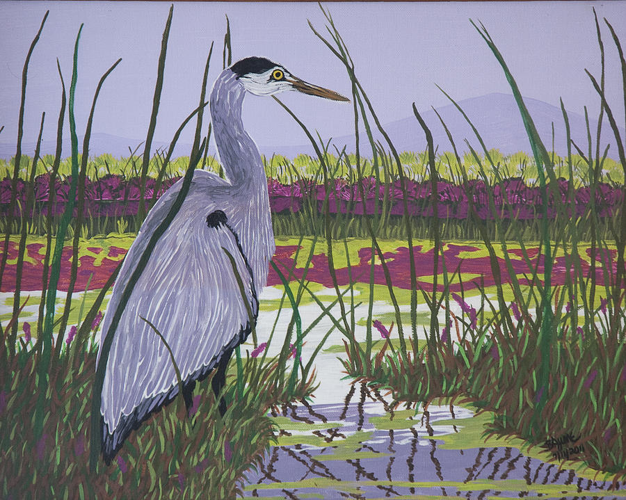 Heron Painting - Evening Wader by BJ Hilton Hitchcock