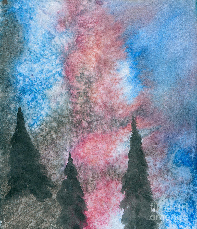 Evergreens on Red and Blue Landscape #2 Painting by R Kyllo