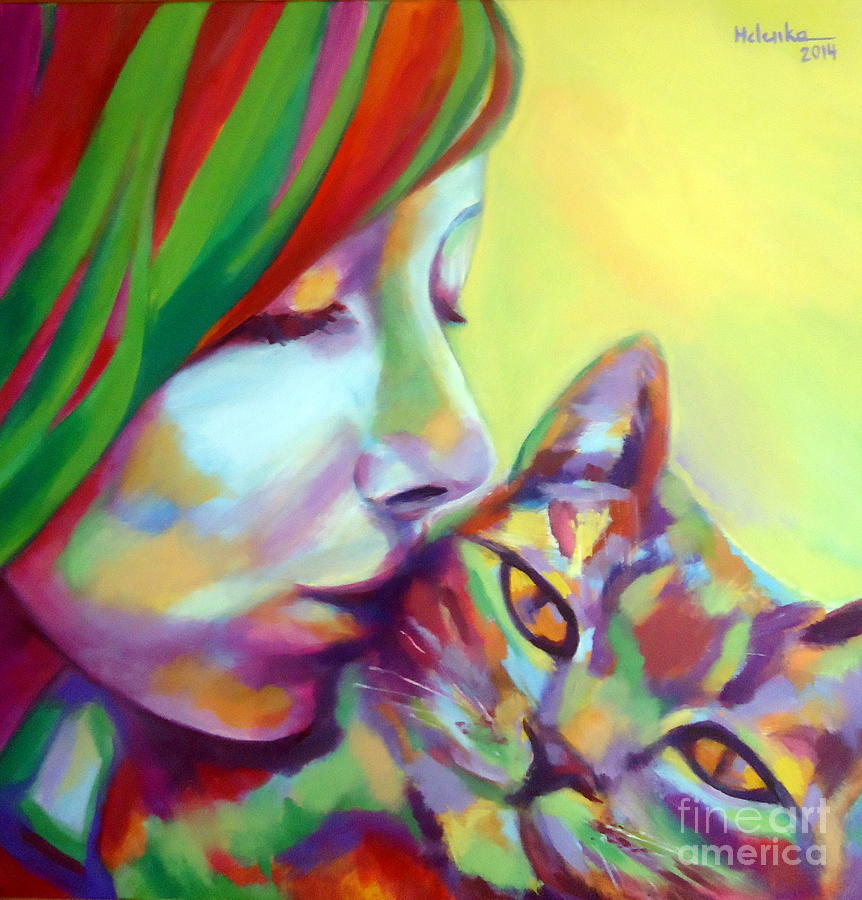 Evi and the cat Painting by Helena Wierzbicki