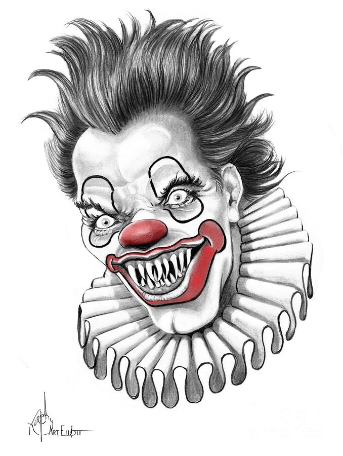 Pencil Drawing - Evil Clown  by Murphy Elliott