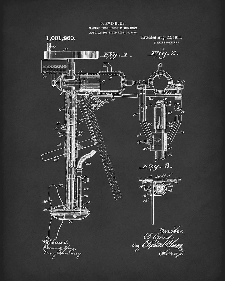 Evinrude Boat Motor 1911 Patent Art Black Drawing by Prior Art Design