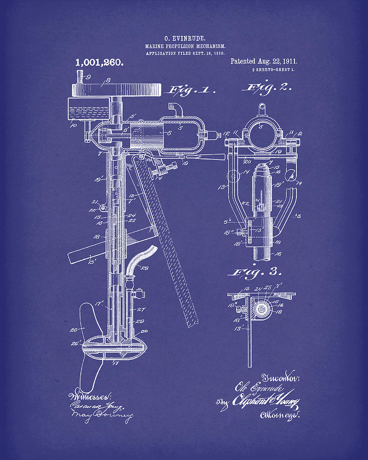 Evinrude Boat Motor 1911 Patent Art Blue Drawing by Prior Art Design