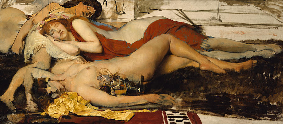 Nude Painting - Exhausted Maenides by Lawrence Alma Tadema