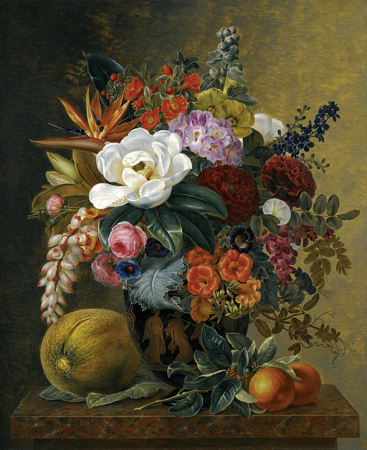 Exotic Blooms in a Grecian Krater with Fruit on a Marble Ledge Painting by Johan Laurentz Jensen