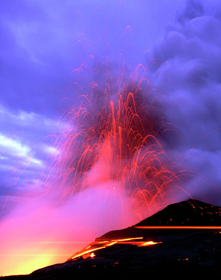 Explosions As A Lava Flow Reaches The Coast Photograph by Simon Fraser/science Photo Library
