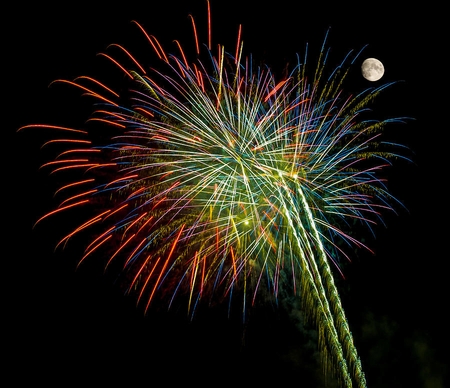 Explosions of Color - Fireworks and Moon Photograph by Penny Lisowski