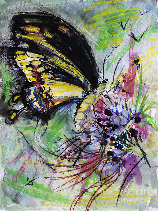 Expressive Black Butterfly Painting by Ginette Callaway