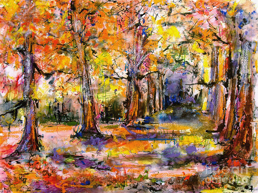 Expressive Enchanted Autumn Forest Painting by Ginette Callaway