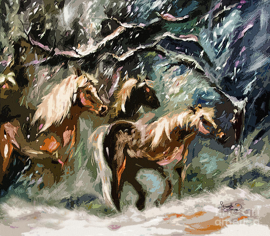 Expressive Haflinger Horses in Snow Storm Painting by Ginette Callaway