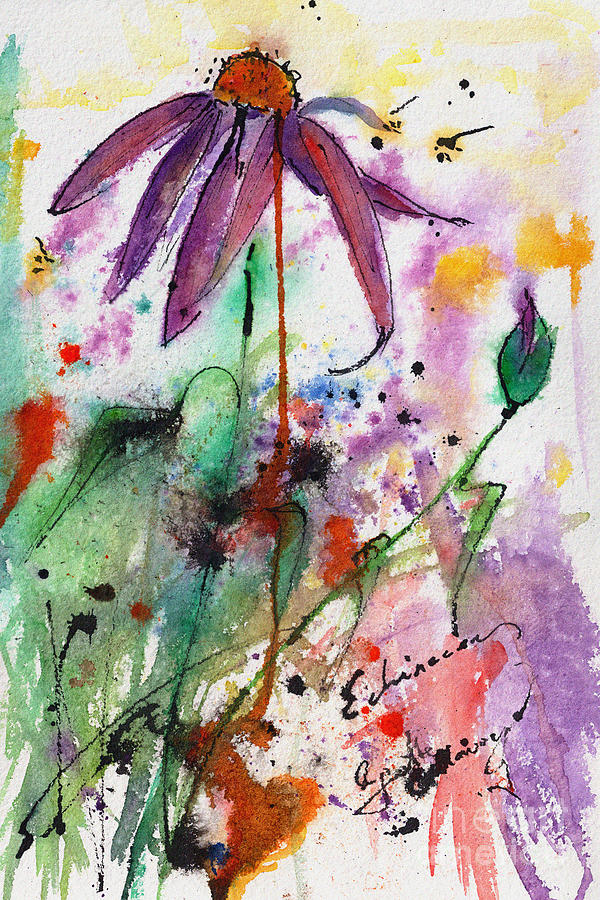 Expressive Purple Coneflower Watercolor and Ink Painting Painting by
