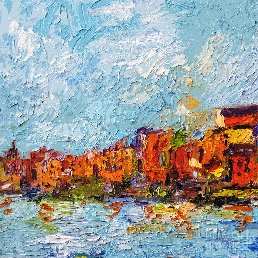 Expressive Seaside Village Square Format Painting by Ginette Callaway