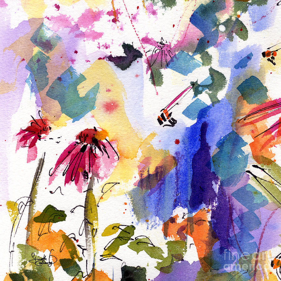 Expressive Watercolor Flowers and Bees Painting by Ginette Callaway