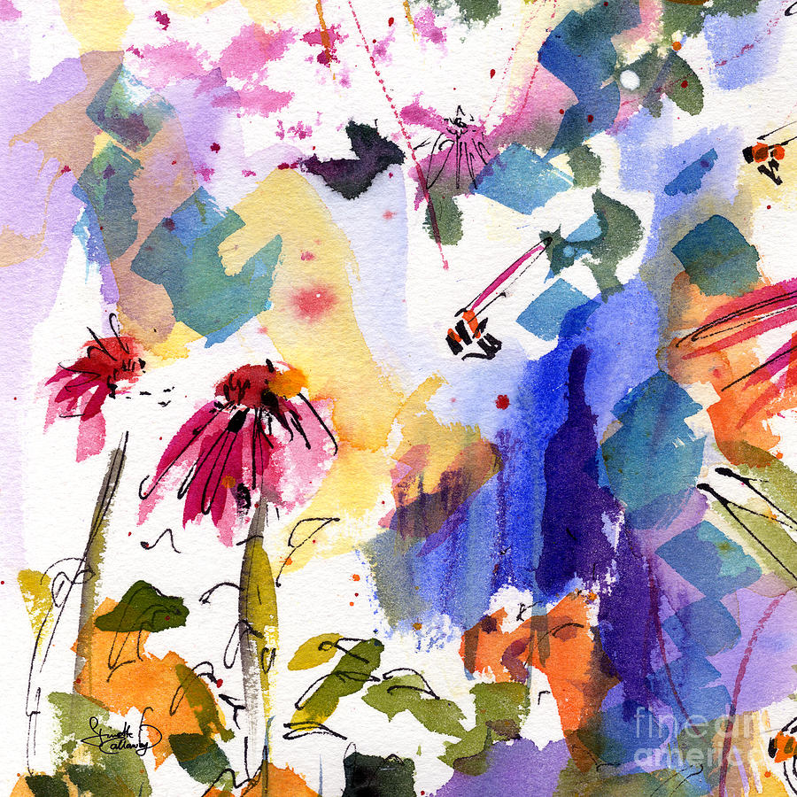 Abstract Painting - Expressive Watercolor Flowers and Bees by Ginette Callaway