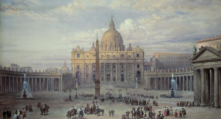 City Painting - Exterior of St Peters in Rome from the Piazza by Louis Haghe