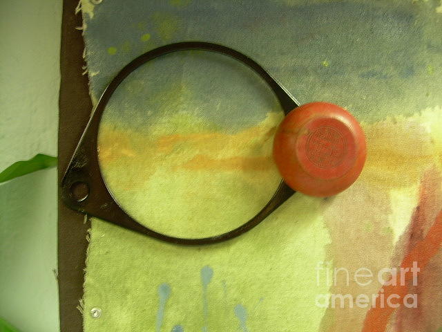 Cathy Peterson Mixed Media - Eye Fragment with sky and red trick yo-yo by Cathy Peterson 
