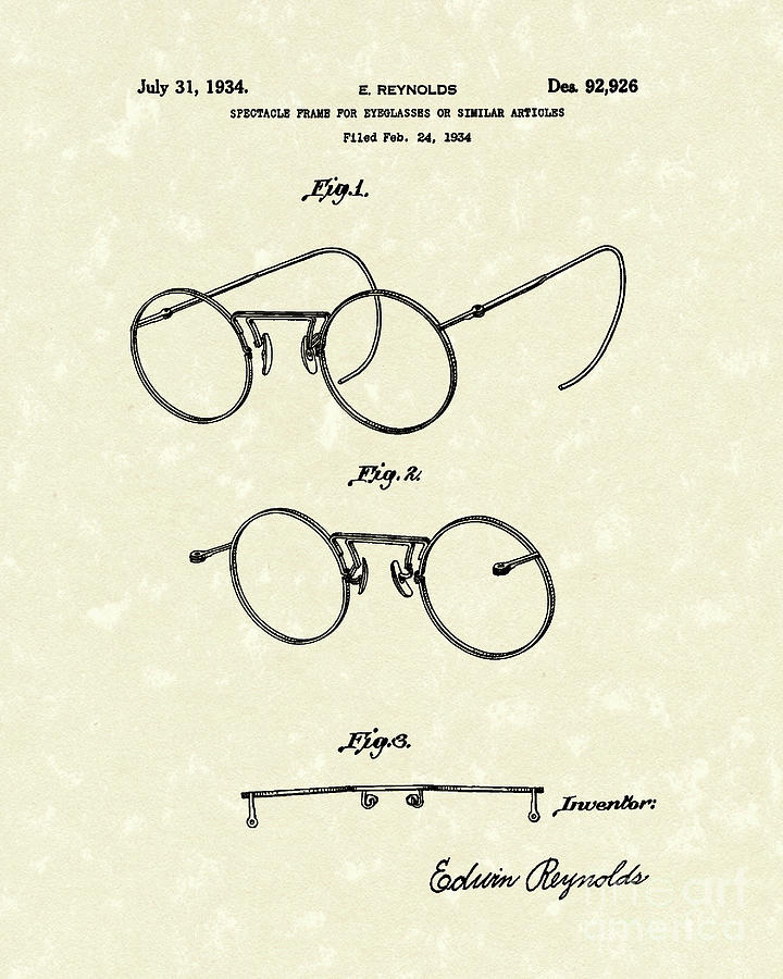 Eyeglass Frame 1934 Patent Art Drawing by Prior Art Design