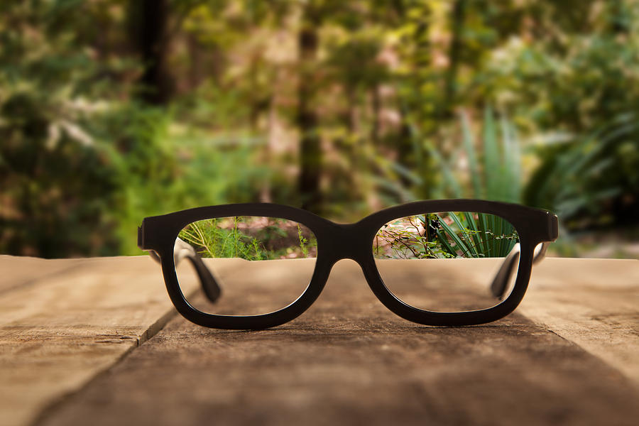 Eyeglasses on rustic wooden table. Forest background. Photograph by Fstop123