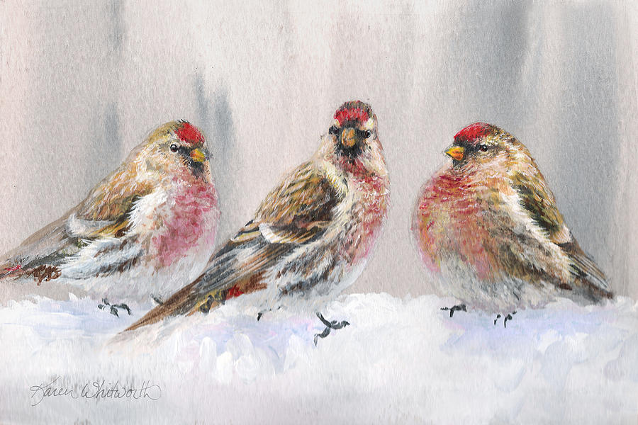 Finch Painting - Snowy Birds - Eyeing The Feeder 2 Alaskan Redpolls In Winter Scene by K Whitworth