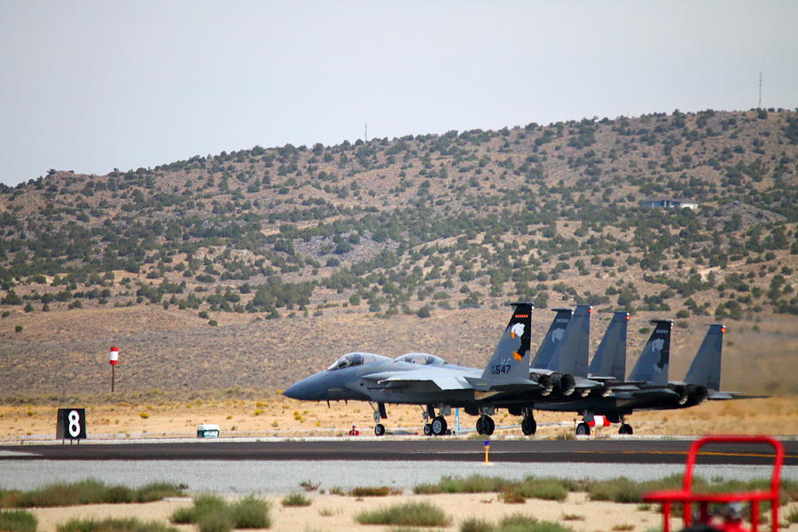 F-15 Eagles Lined up for Takeoff Photograph by Saya Studios