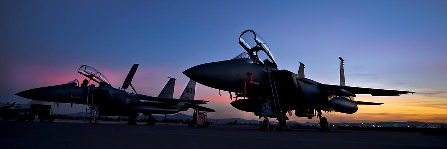 Eagle Photograph - F-15E Strike Eagles at Dusk by Adam Romanowicz