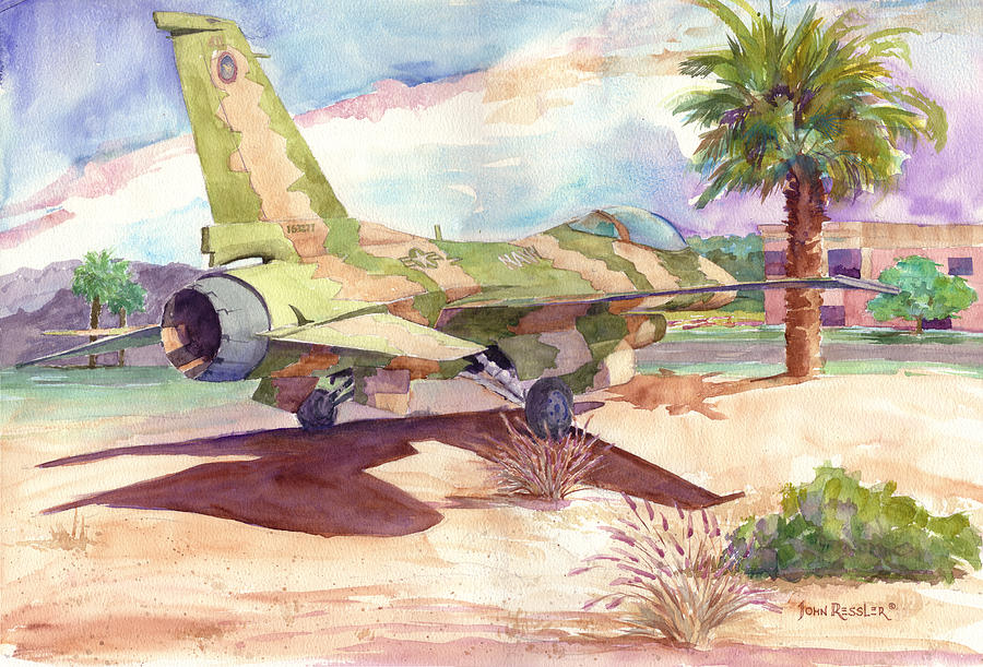 F 16 and Desert Sun. Painting by John Ressler