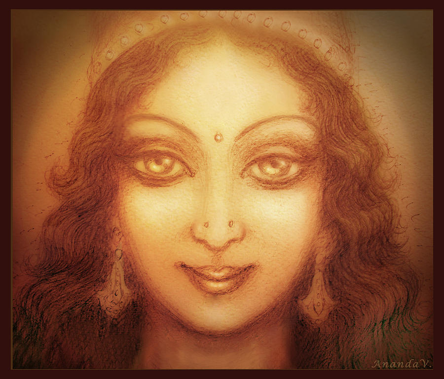 Vintage Mixed Media - Face of the Goddess/ Durga Face by Ananda Vdovic