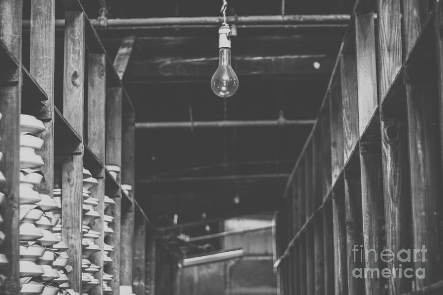 Black And White Photograph - Factory Bulb by Bethany Helzer