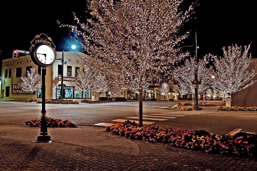 Fairhope Ave with Clock Night Image Photograph by Michael Thomas