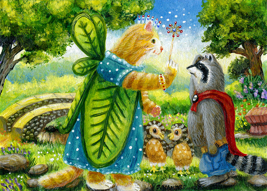 Fairy Cat and the Raccoon Painting by Jacquelin L Vanderwood Westerman