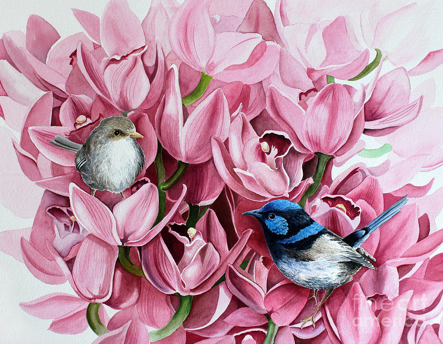 Fairy Wrens and Orchids Painting by Debbie Hart