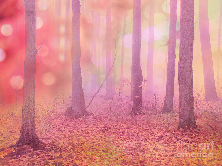 Pink Forest Fantasy Nature Photograph - Fairytale Pink Autumn Nature Trees - Dreamy Fantasy Surreal Pink Trees Woodland Fairytale Art Print by Kathy Fornal