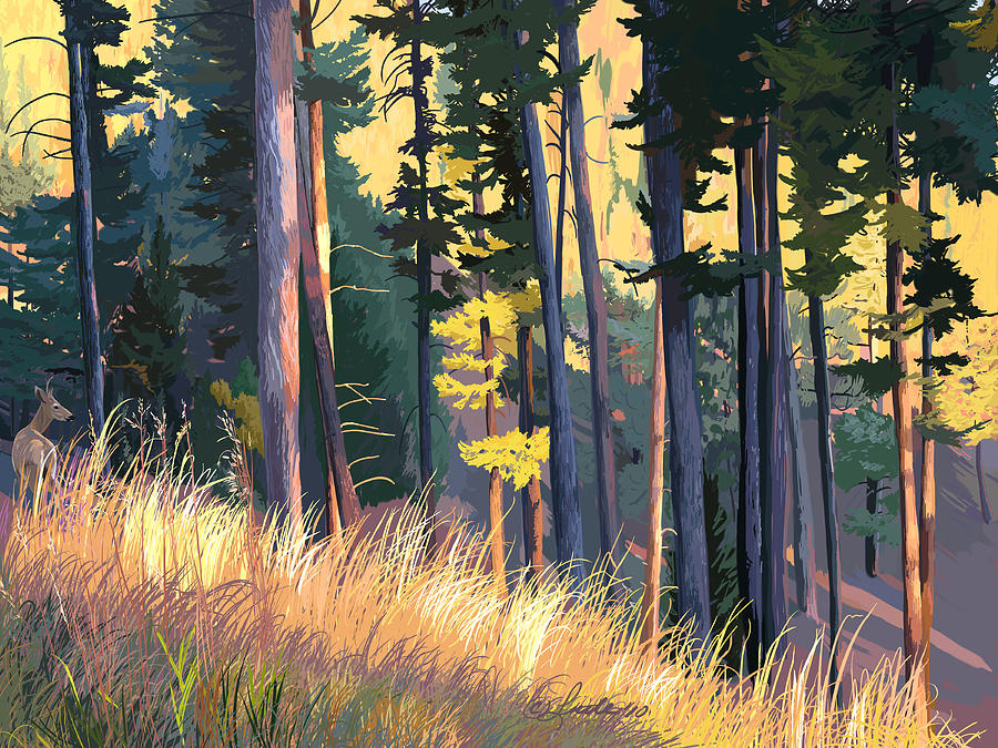 Fall Alpenglow Trees Grasses Painting by Pam Little