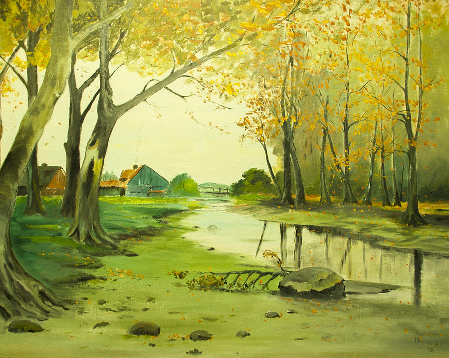 Fall Painting - Fall by the Stream by Merlin Reynolds by Fran Riley