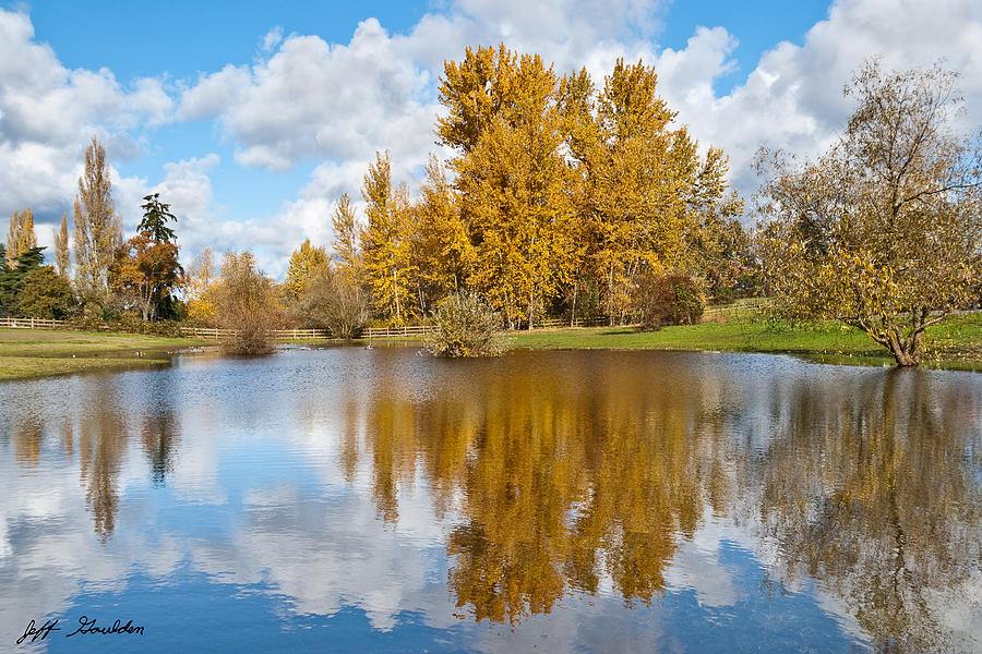 Fall Colors and Clouds Reflected in a Pond Photograph by Jeff Goulden