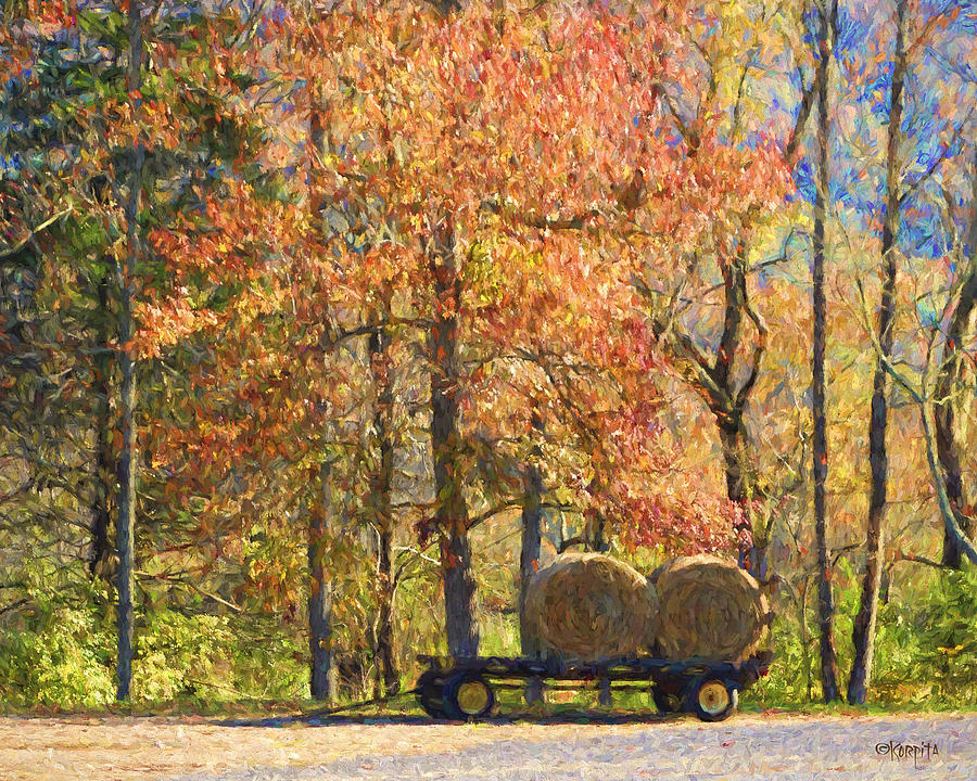 Fall Colors Autumn Hay Bales Farm Wagon Photograph by Rebecca Korpita