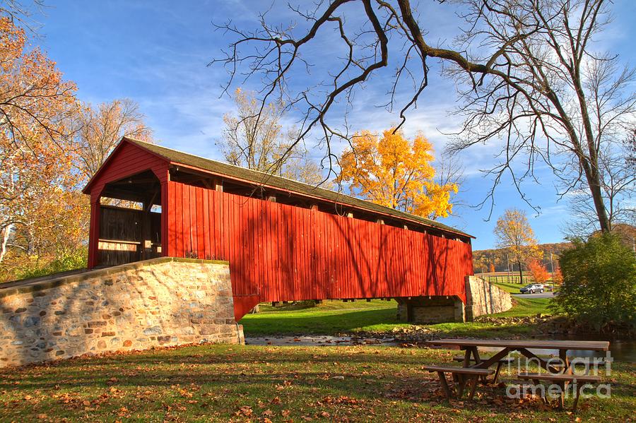 Bridge Photograph - Fall Foliage At The Poole Forge Covered Bridge by Adam Jewell