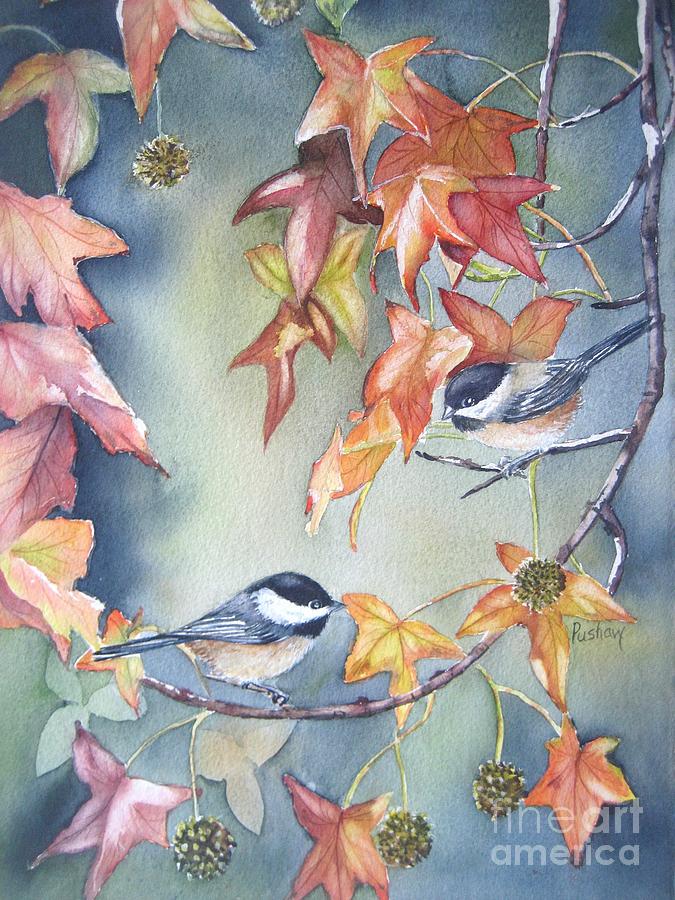Black Capped Chickadee Painting - Fall leaves and chickadees by Patricia Pushaw