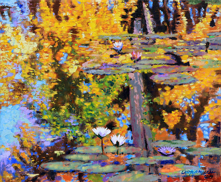 Fall Lily Pond Reflections Painting by John Lautermilch