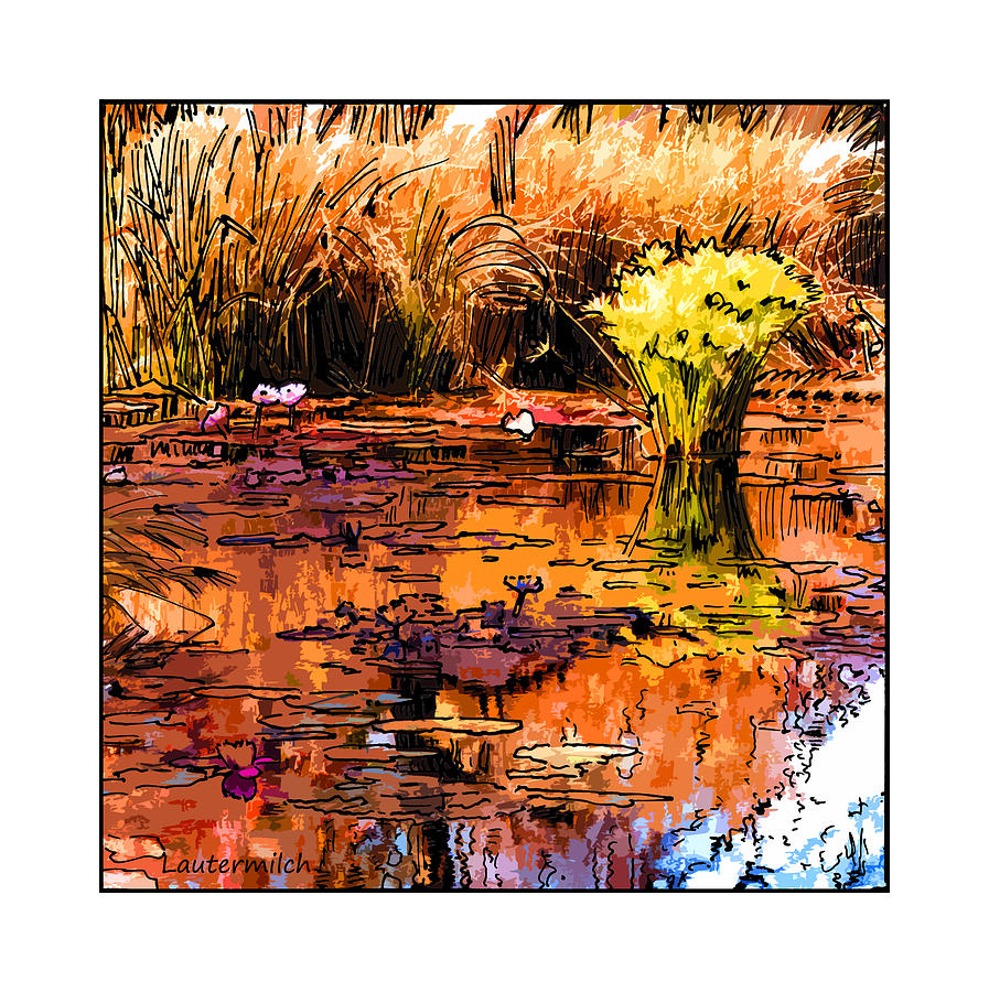 Fall on the Garden Pond Digital Art by John Lautermilch