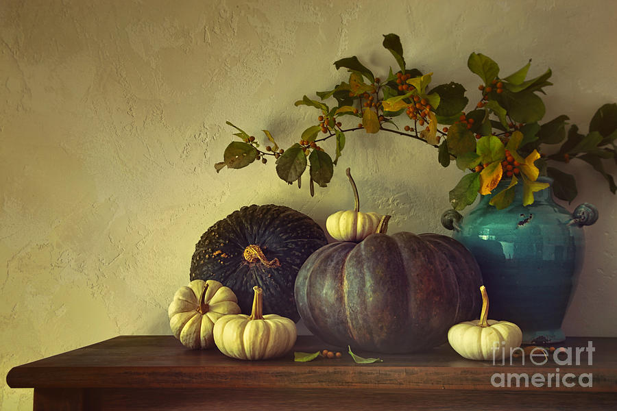 Fall pumpkins and gourds on table Photograph by Sandra Cunningham