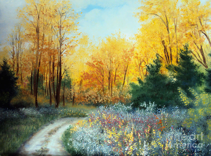 Fall Woods Road Painting by Laura Tasheiko